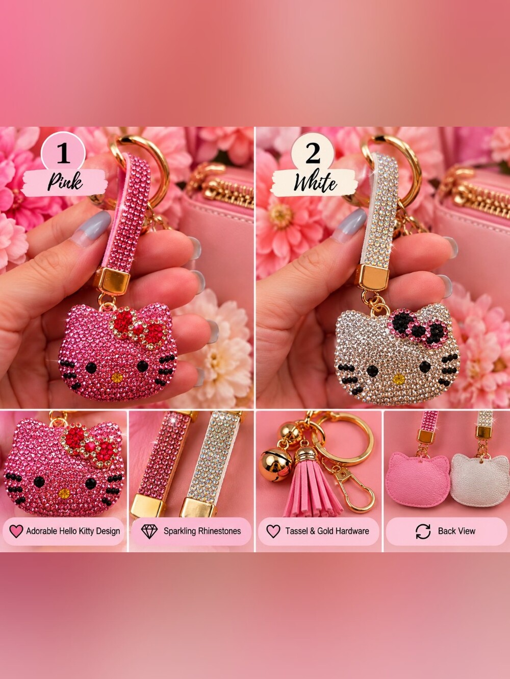 💎 Rhinestone Hello Kitty Keychain – Pink or White